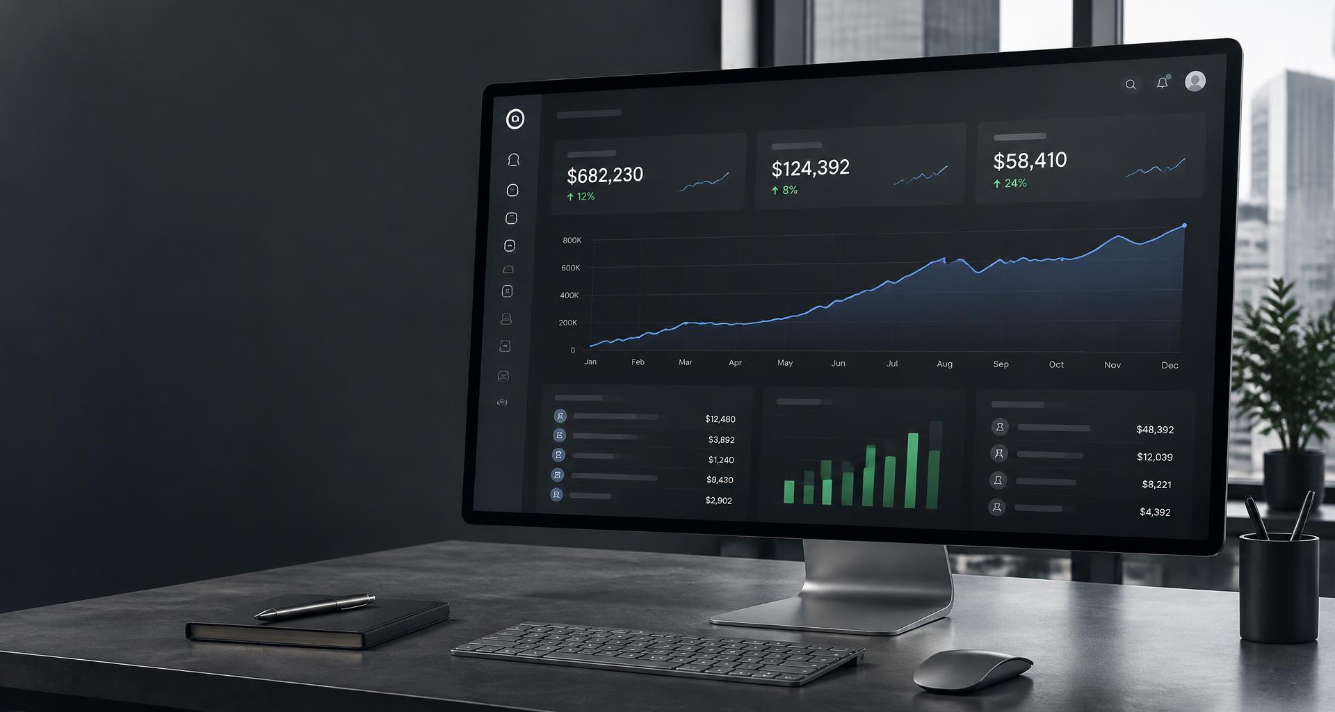Illustrative dark financial workspace displayed on a desktop monitor